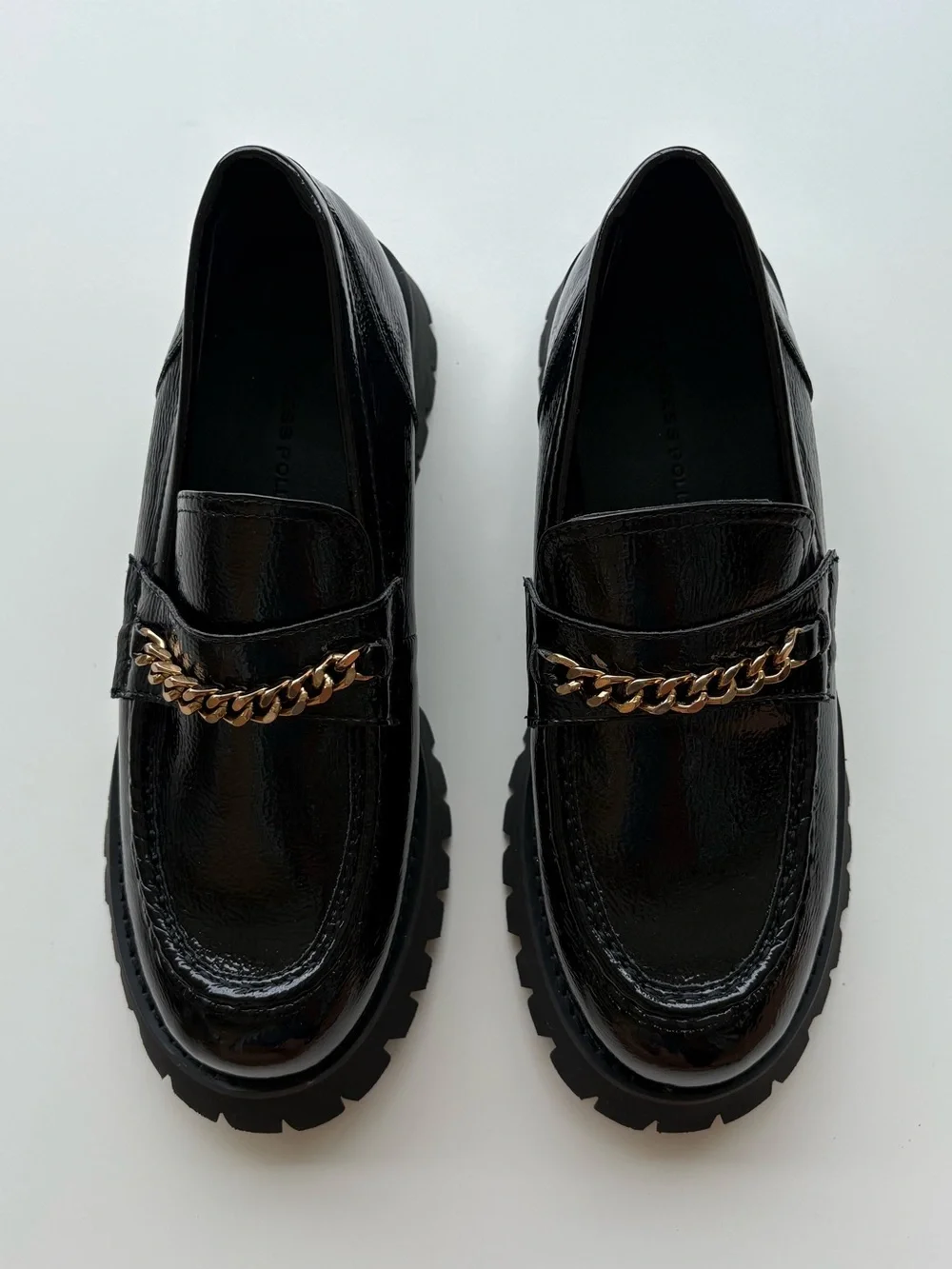 Princess Polly Black Patent w/Gold Chain Accent Womens Platform Loafers. Sz 9